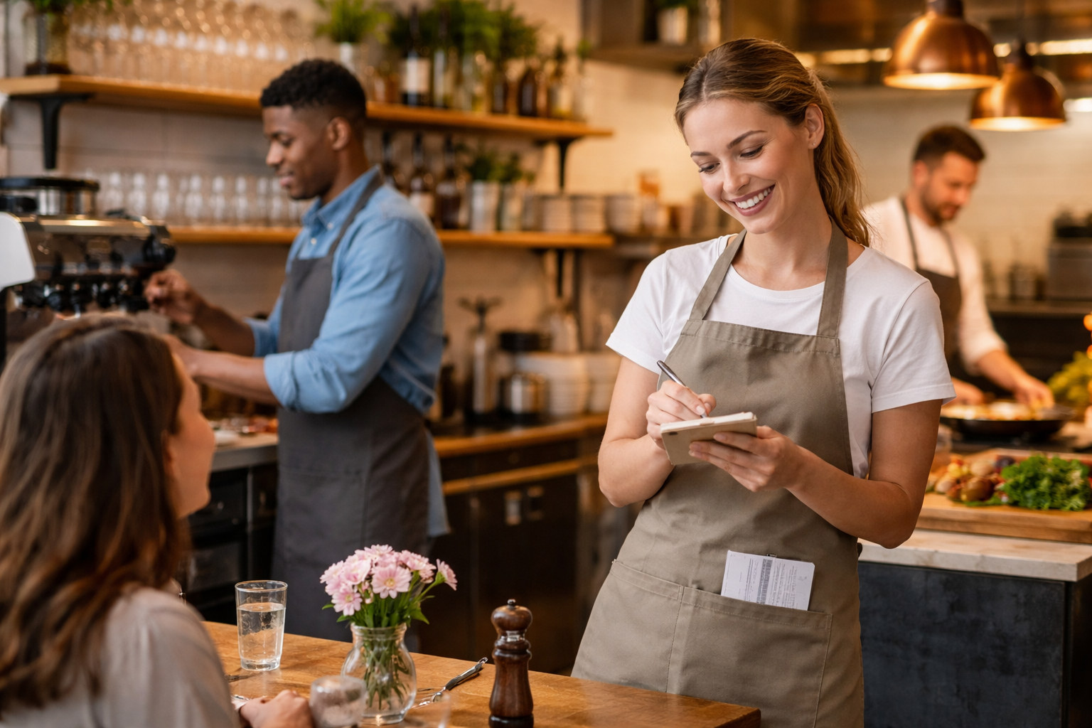 Gäste reservieren telefonisch, während das Team im Service arbeitet